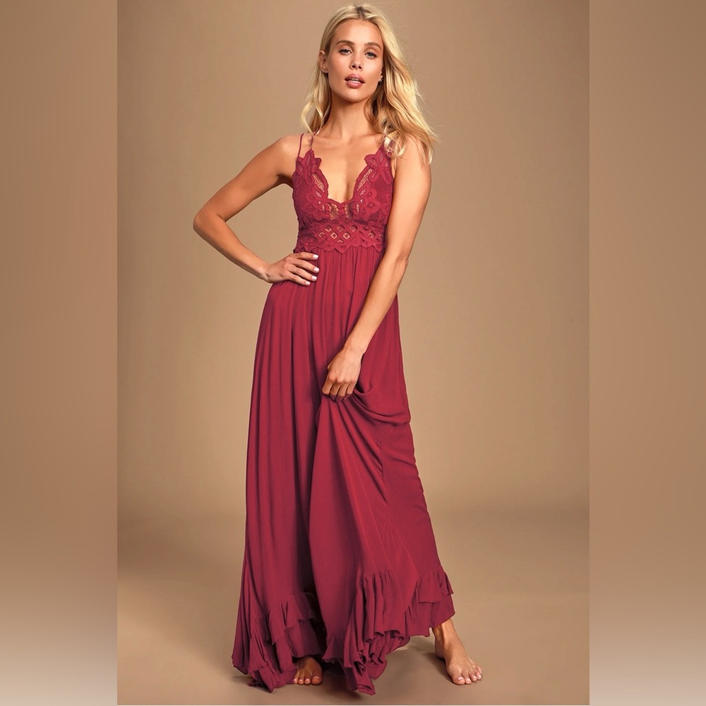 NEW Free People Adella Maxi Slip Berry Red Lace Dress